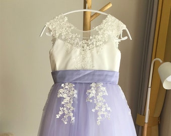 Lace Flower Girl Dress: Purple Tulle Skirt, Applique Birthday Dress
