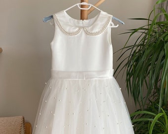 Off White Tulle Flower Girl Dress: Beaded Neckline, Skirt Pearls
