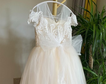 Light Champagne Lace Flower Girl Dress: Communion Gown