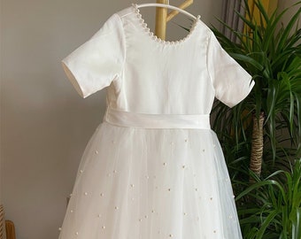 Off White Pearls Flower Girl Dress: Short Sleeves V-Back Communion Dress