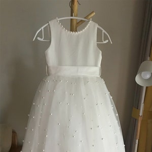 Tulle off white flower girl dress, V back top dress with pearls, Communion dress