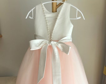 Tulle flower girl dress, V back off white top dress with pearls, Communion dress, pink skirt