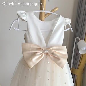 Off white top flower girl dress, light champagne tulle flower girl dress with pearls