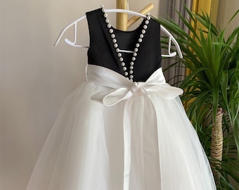 Black Top Flower Girl Dress: Pearl V-Back, Off White Skirt