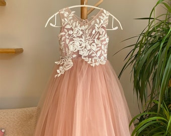 Dusty Rose Flower Girl Dress: Lace Applique Birthday Dress