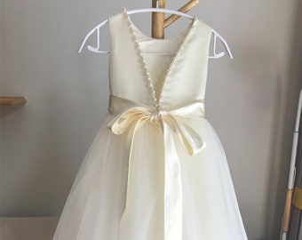 Ivory tulle flower girl dress, V back dress with pearls, Communion dress, Floor length