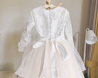 Lace Tulle Flower Girl Dress: Long Sleeve Champagne Skirt Communion Gown