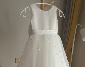 Off white flower girl dress, V back flower girl dress, tulle flower girl dress with pearls
