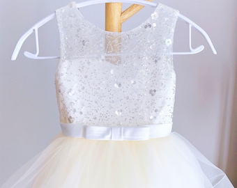 Ivory Tulle Flower Girl Dress: Sequin Beaded V-Back