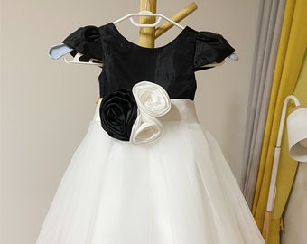 Black Top Flower Girl Dress: Off WhiteTulle Skirt, Flower Sash, Cap Sleeves
