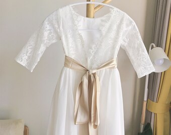 Ivory Lace Flower Girl Dress: 3/4 Sleeves, Champagne Sash