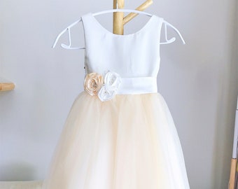 Ivory champagne tulle flower girl dress, flower girl dress with flower sash, First communion dress, birthday girl dress