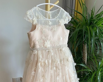 3D Lace flower girl dress with beaded sash, communion dress cap sleeves