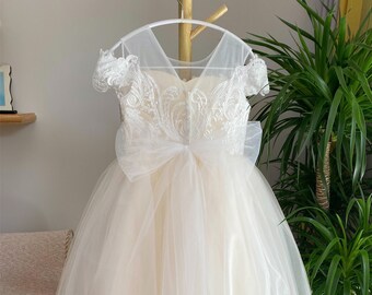 Lace Tulle Flower Girl Dress: Light Champagne Floor Length Communion Dress