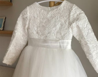 Lace Tulle Flower Girl Dress: Off White Long Sleeves