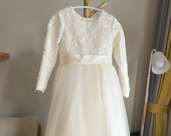 Lace Tulle Flower Girl Dress: Ivory Long Sleeve Communion Gown