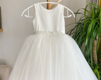 Glitter Tulle off white flower girl dress, sparkle flower girl dress, Communion dress, tutu dress with big bow