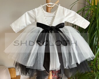 Off white black tulle flower girl dress, V back top dress with pearls, Communion dress with long sleeves