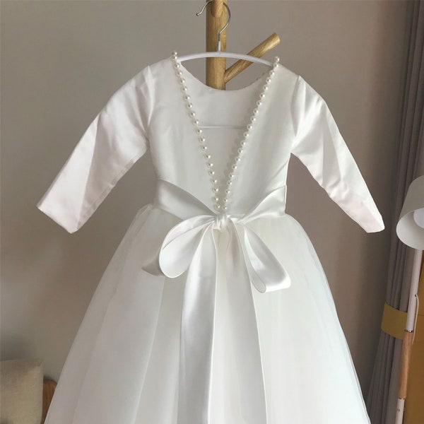 Off white flower girl dress, V back top dress with pearls, Communion dress with long sleeves