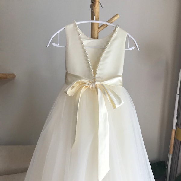 Ivory Tulle Flower Girl Dress: V Back Pearl Communion Gown