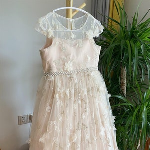 May include: A pale pink tulle dress with a sheer bodice and delicate floral embroidery. The dress has a pearl-embellished waistband and a scalloped hem.