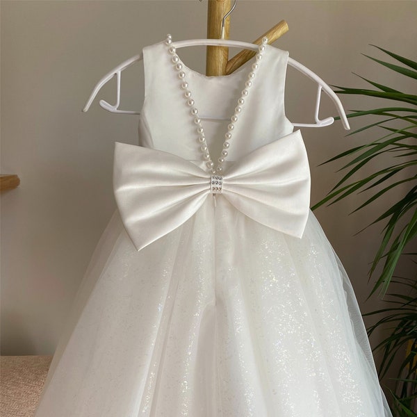 Glitter Tulle off white flower girl dress, sparkle flower girl dress, V back top dress with pearls, Communion dress