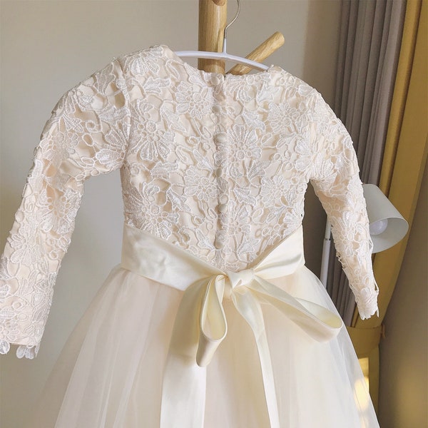 Lace tulle flower girl dress, champagne flower girl dress floor length, first communion dress with long sleeves