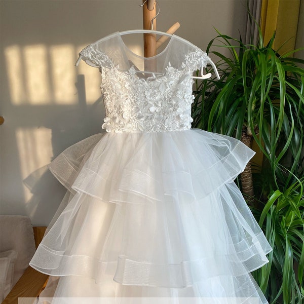 3D Lace flower girl dress off white, Layered tulle flower girl dress, communion dress floor length