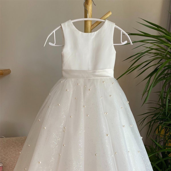 Sparkle Off white flower girl dress, V back flower girl dress, Glitter tulle flower girl dress with pearls