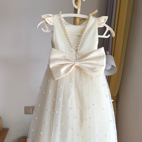 Ivory Tulle Flower Girl Dress: V Back Pearls, High Low Skirt with Pearls