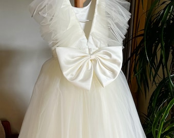 Light Ivory Flutter Flower Girl Dress Communion Gown