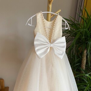 Champagne Flower Girl Dress: V-Back Communion Gown with Big Bow