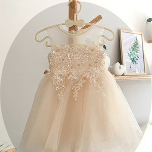 Lace Flower Girl Dress: Beaded Tulle Champagne Dress