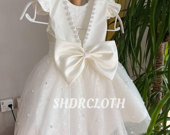 Light Ivory V Back Flower Girl Dress, Sparkle Skirt High Low Length Communion Gown