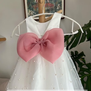 Tulle Flower Girl Dress: Pearls, Dusty Rose Sash Bow, V-Back