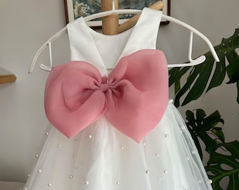 Tulle Flower Girl Dress: Pearls, Dusty Rose Sash Bow, V-Back