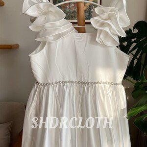 Off White Satin Flower Girl Dress, Beaded Waist Communion Gown
