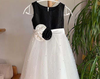 Pearls Flower Girl Dress: Black Top, Off White Tulle Skirt, Flower Sash