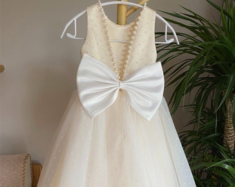 Champagne Flower Girl Dress: V-Back Communion Gown with Big Bow