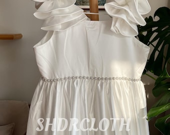 Off White Satin Flower Girl Dress, Beaded Waist Communion Gown