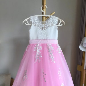 Lace Flower Girl Dress: Pink Tulle Tutu, Illusion Applique