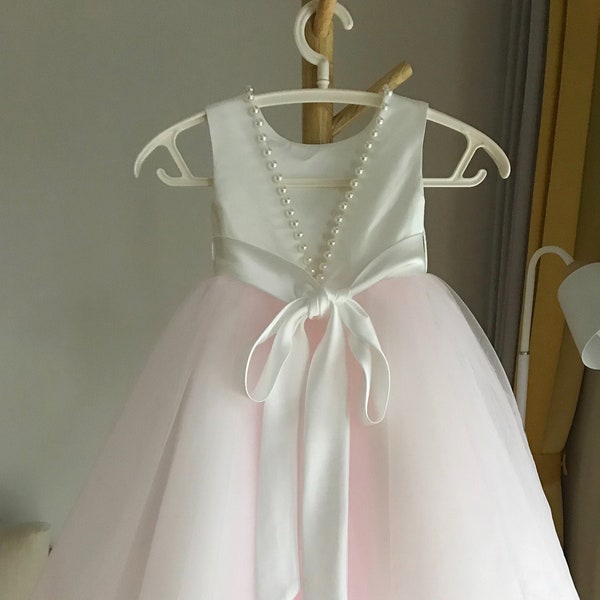 Tulle flower girl dress, V back off white top dress with pearls, Communion dress, light pink skirt