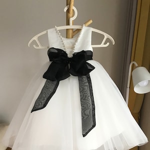 Tulle flower girl dress, V back top dress with pearls, Communion dress with black sash bow