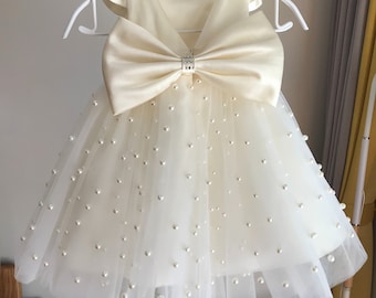 Abito da damigella d'onore in tulle avorio con perle: vestito da festa di compleanno con tutù