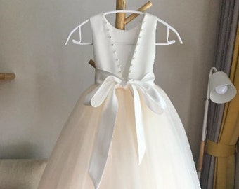 Tulle ivory off white champagne flower girl dress, V back top dress with pearls, Communion dress