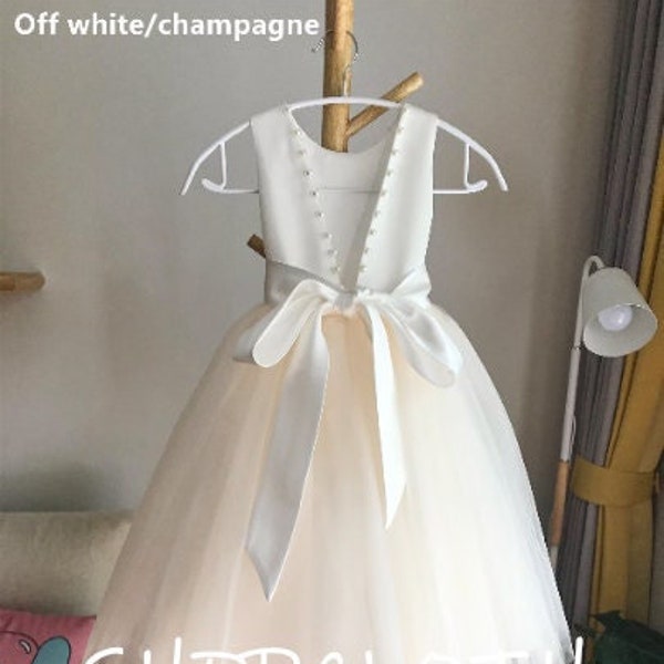Vestido de niña de flores de champán blanco marfil de tul, vestido superior con espalda en V y perlas, vestido de comunión