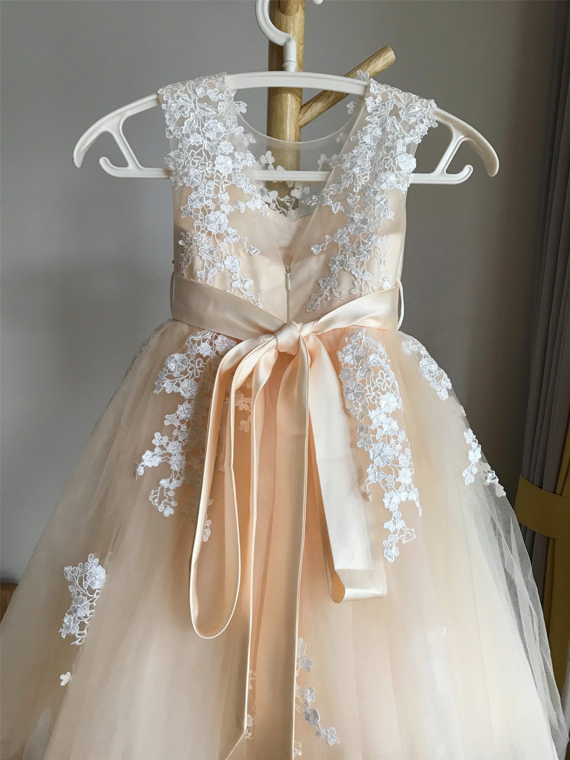 One shoulder Champagne Pleats Flower Girl Dress With Fower Belt
