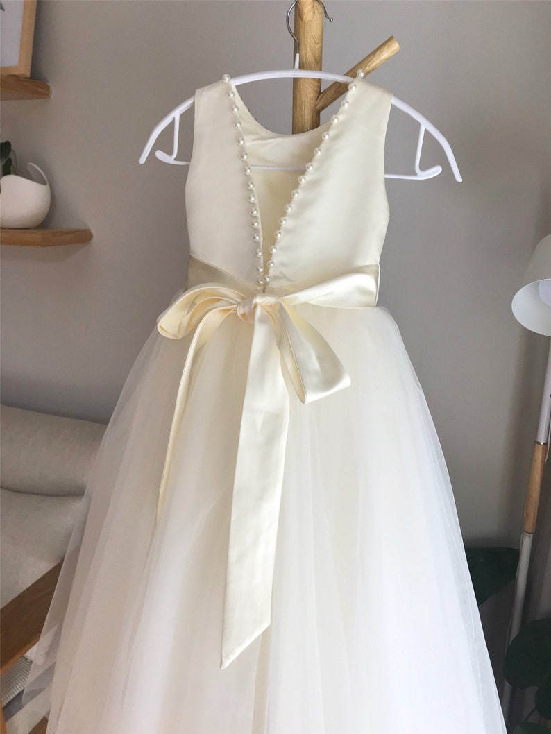Ivory tulle flower girl dress, V back dress with pearls, Communion dress, Floor length image 7