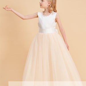 Tulle ivory off white champagne flower girl dress, V back top dress with pearls, Communion dress image 10