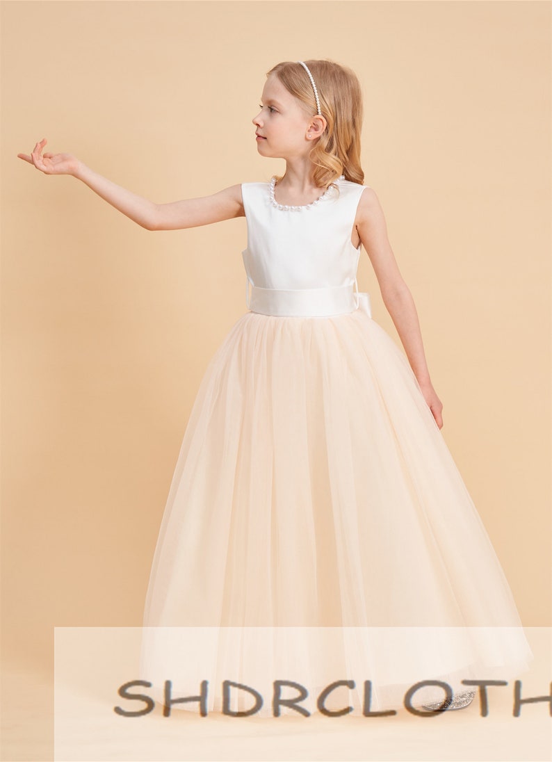 Tulle ivory off white champagne flower girl dress, V back top dress with pearls, Communion dress image 10